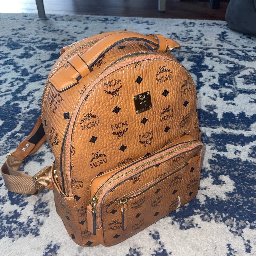 MCM Tan Backpack with Iconic Monogram and Adjustable Straps